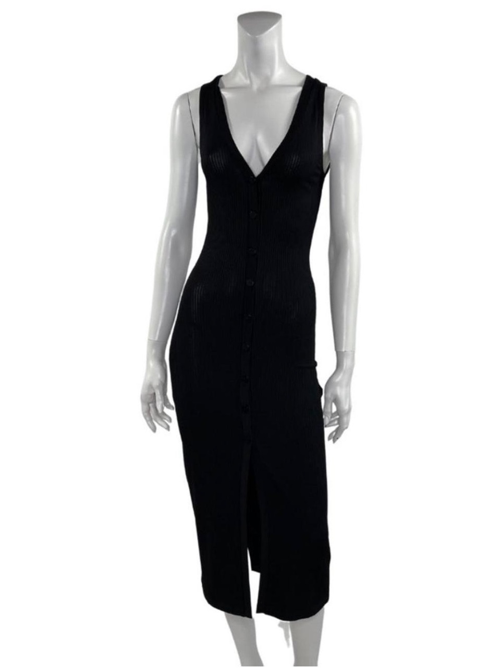 Aritzia Babaton Black Ribbed Button-Front V-Neck Midi Dress